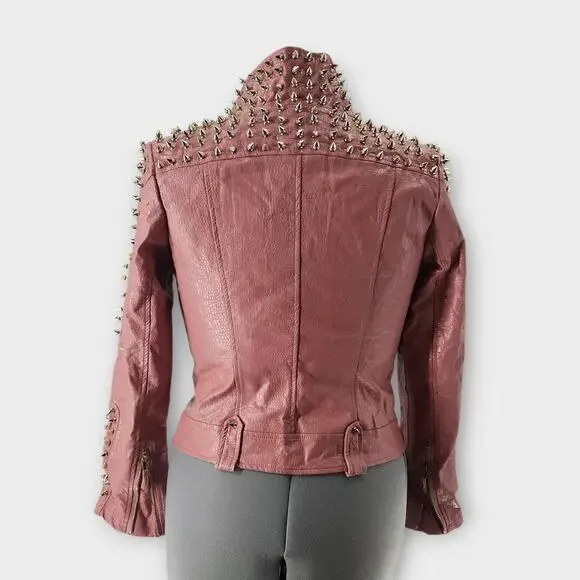 SX Honey Pot Spiked Jacket Womens S Faux Leather Baby Pink Belted Punk Moto NWT - Picture 7 of 10